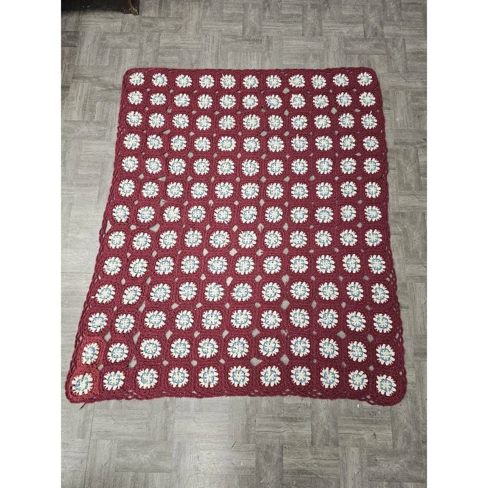 Handmade Crochet Granny Square Throw Blanket Afghan 63x75 Red Retro Boho‎ Decor